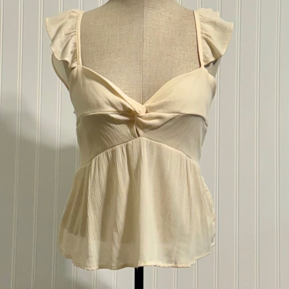 NWT Forever 21 Cream Ruffle Peplum Top Large Boho Coquette Smocked Back Twist